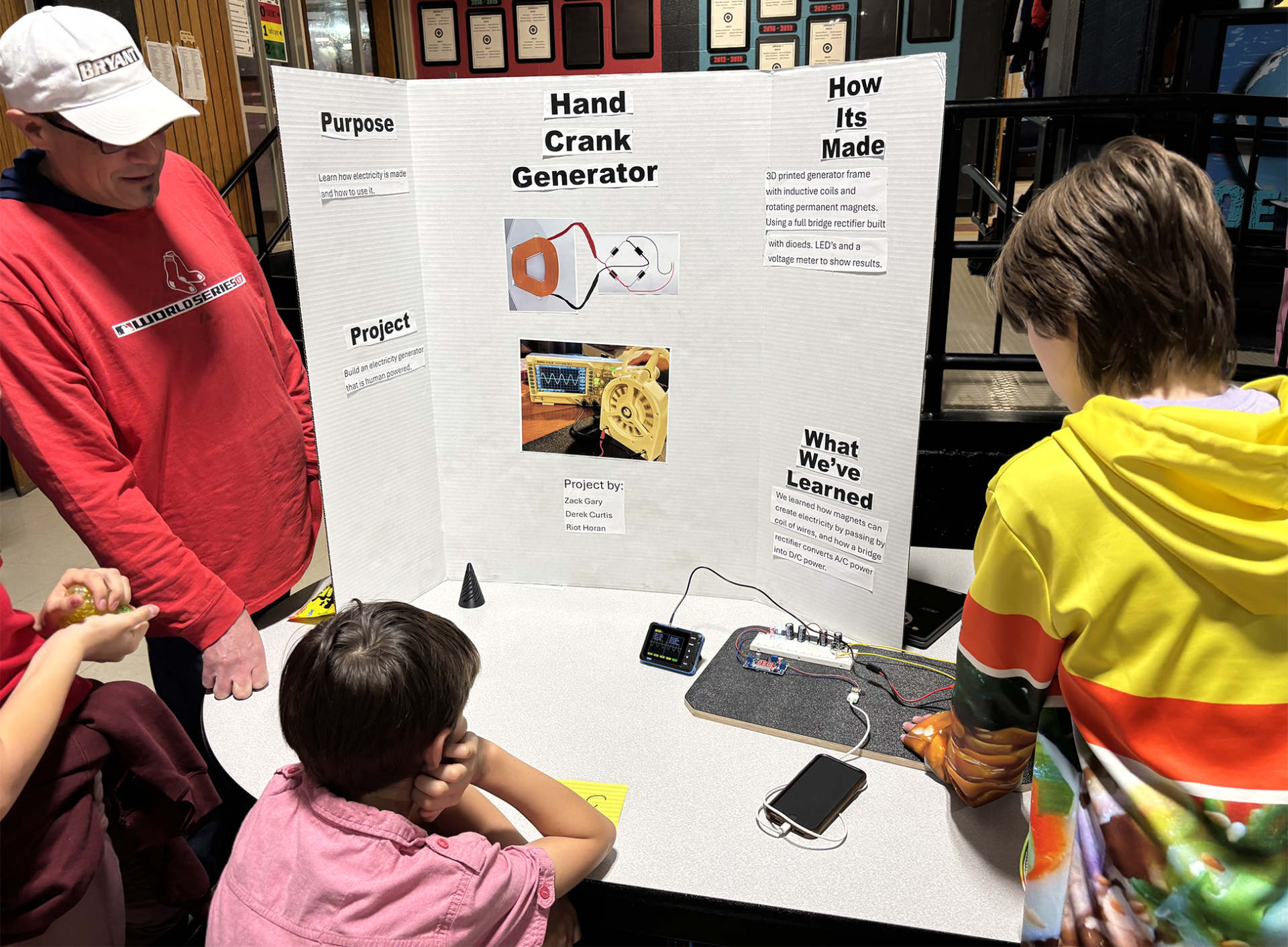 One of the projects showcased during Parker Middle School's second annual STEM Fair on Thursday, March 26, 2026, focused on generating electricity using a hand crank.