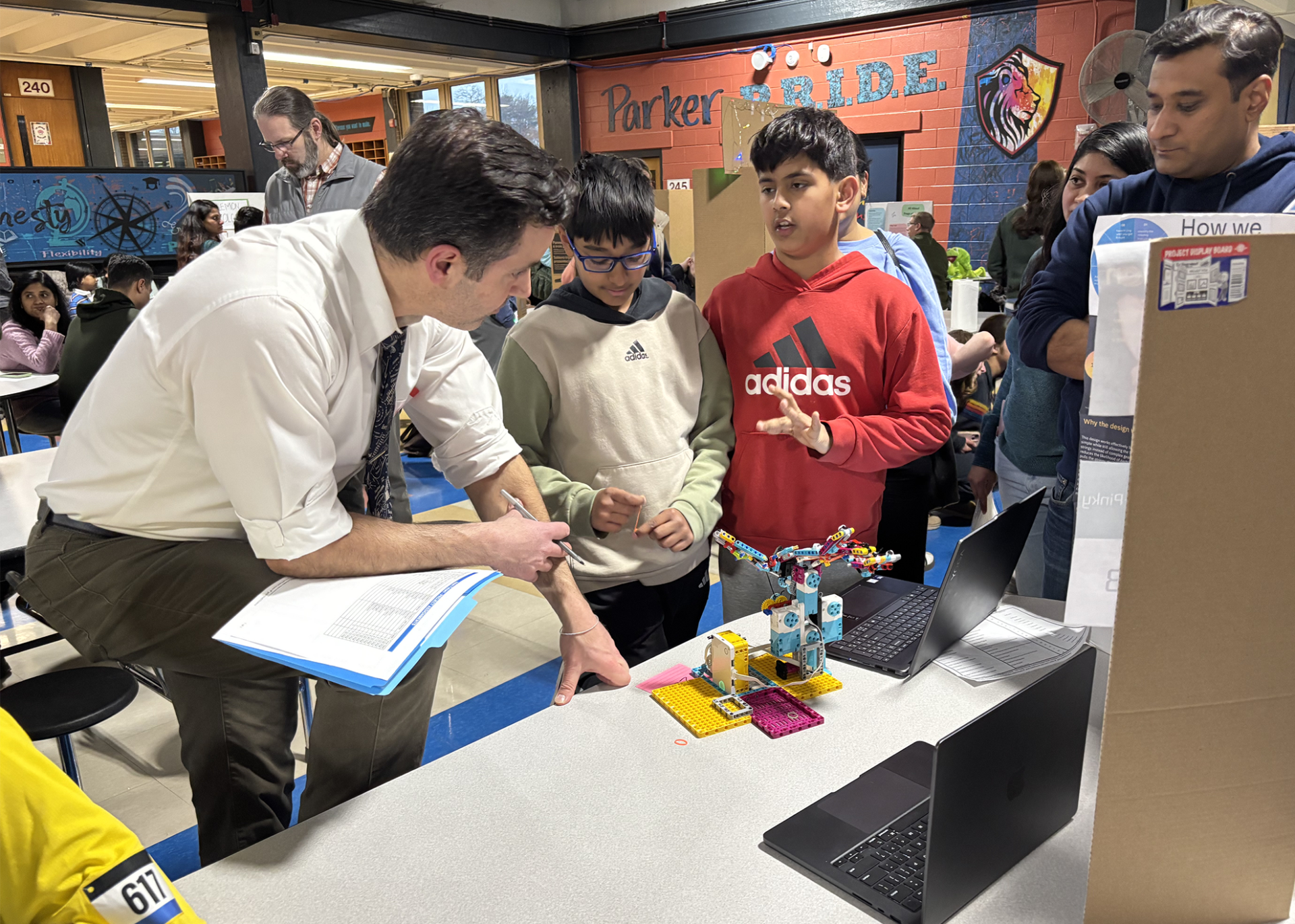 One of the projects showcased during Parker Middle School's second annual STEM Fair on Thursday, March 26, 2026, focused on the science of rubber bands.