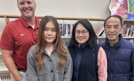 The 2026 winner of the Parker Middle School PTO scholarship is Ruqi "Rachel" Song, who is pictured with Parker principal Josh Blagg and her parents.