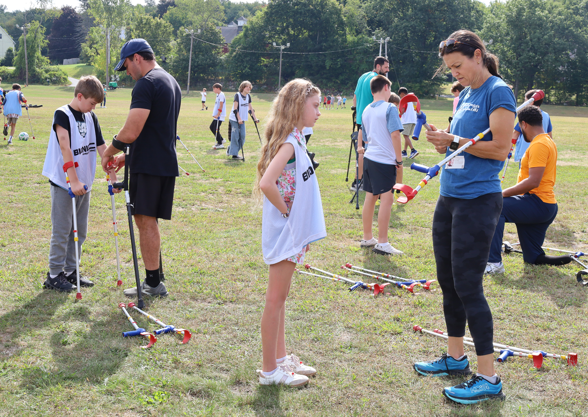 Sixth grade students at Parker Middle School in Chelmsford get fitted with equipment during an adaptive soccer clinic hosted by Bionic Project on Thursday, Sept. 17, 2026.